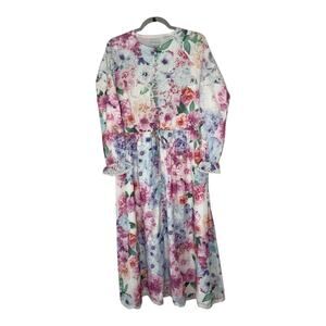 Langdon Floral Midi Dress Medium Pink Lace Trim Buttons Cottagecore Shabby Chic